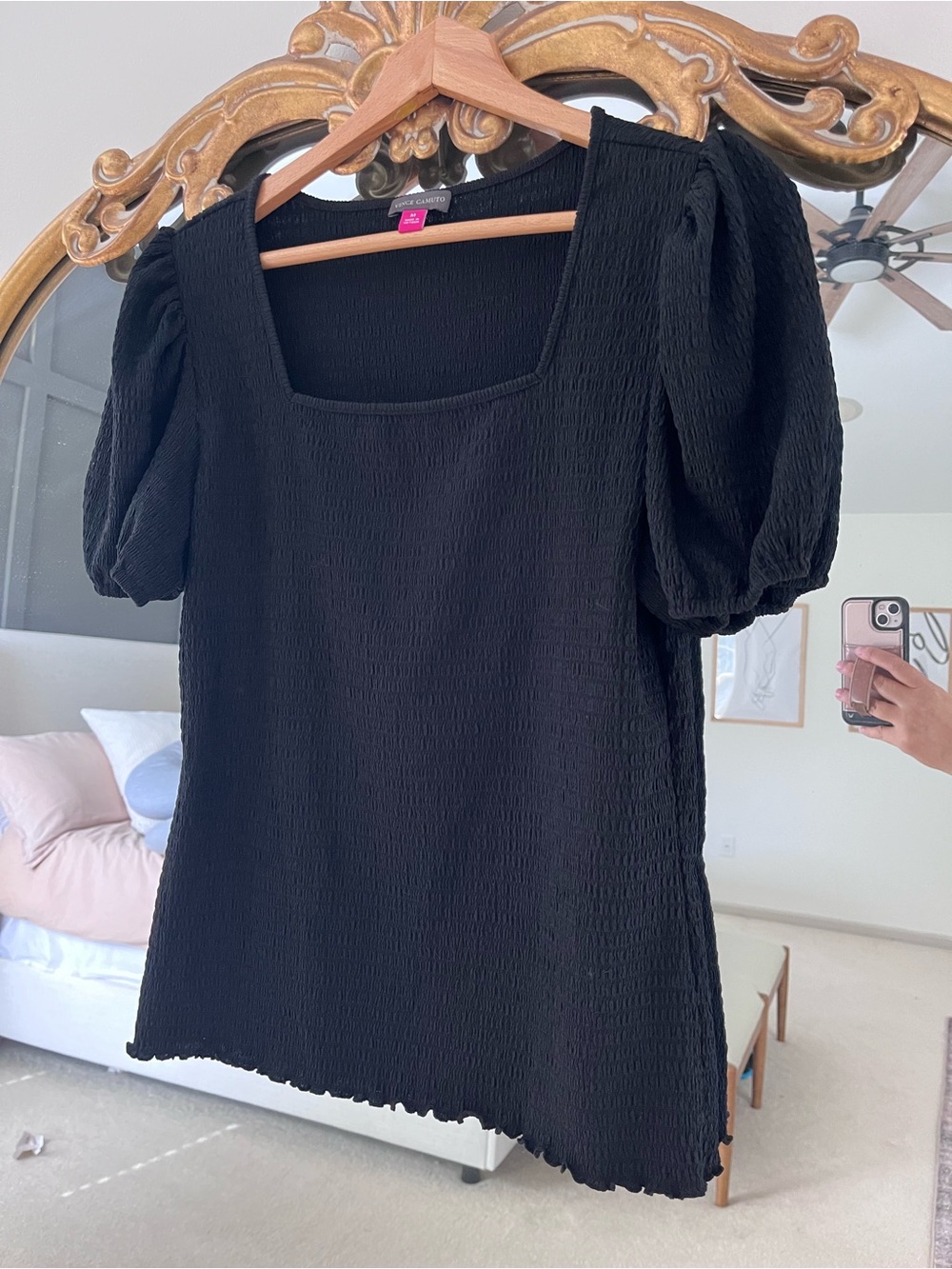 Vince Camuto Black Square Neck Puff Sleeve Top